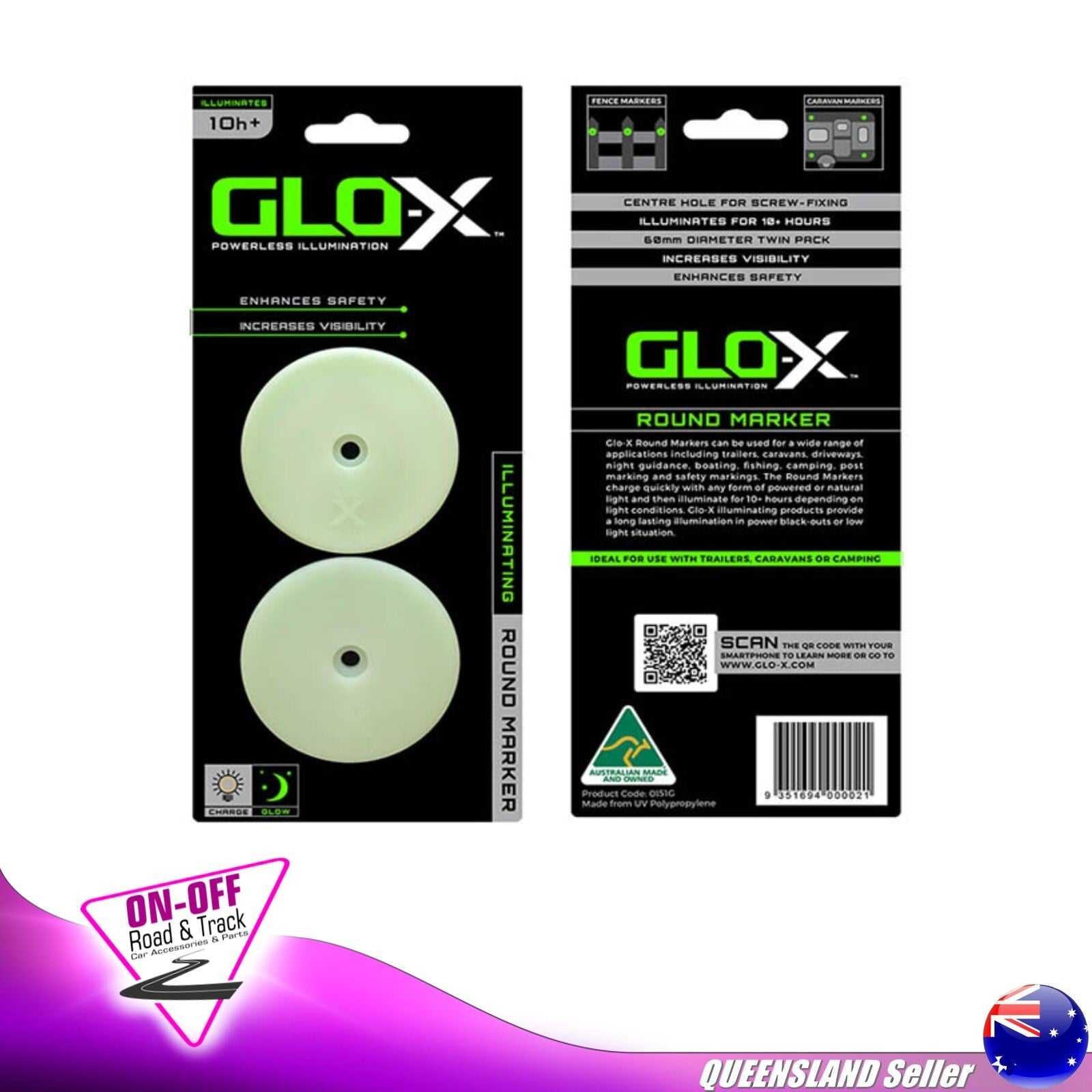 Glo-X Glow in the Dark GX0151G - Round Markers 2 Pack Camping 4x4 Twin Pack