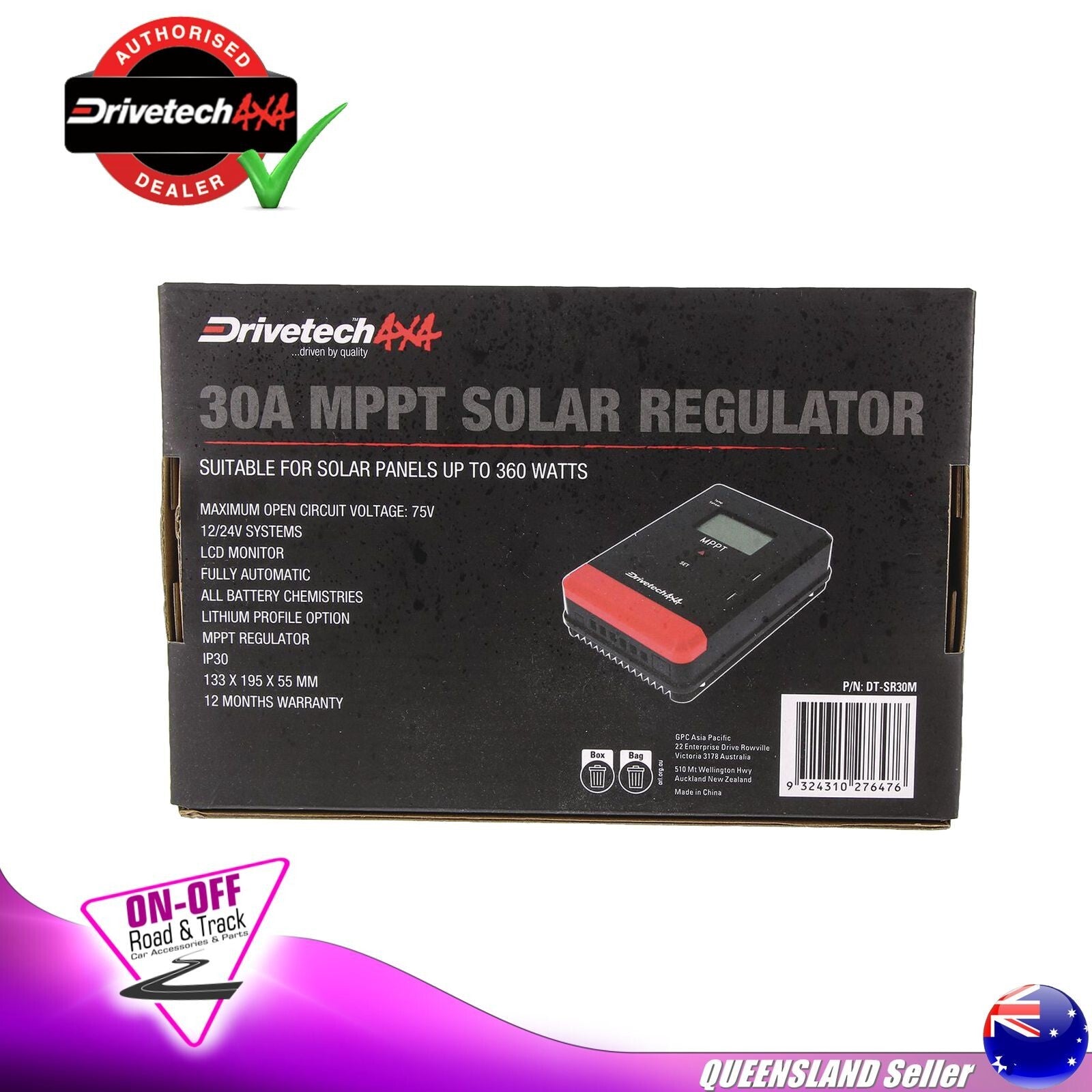 Drivetech 4x4 DT-SR30M - 30A Solar MPPT Regulator & Monitor suit Lithium 12/24V