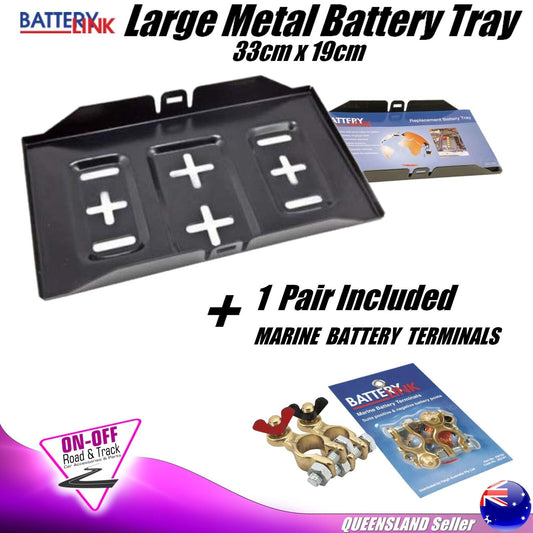 Battery Tray BT095 Metal Universal Corrosion Resistant + FBT32 Batt Terminals