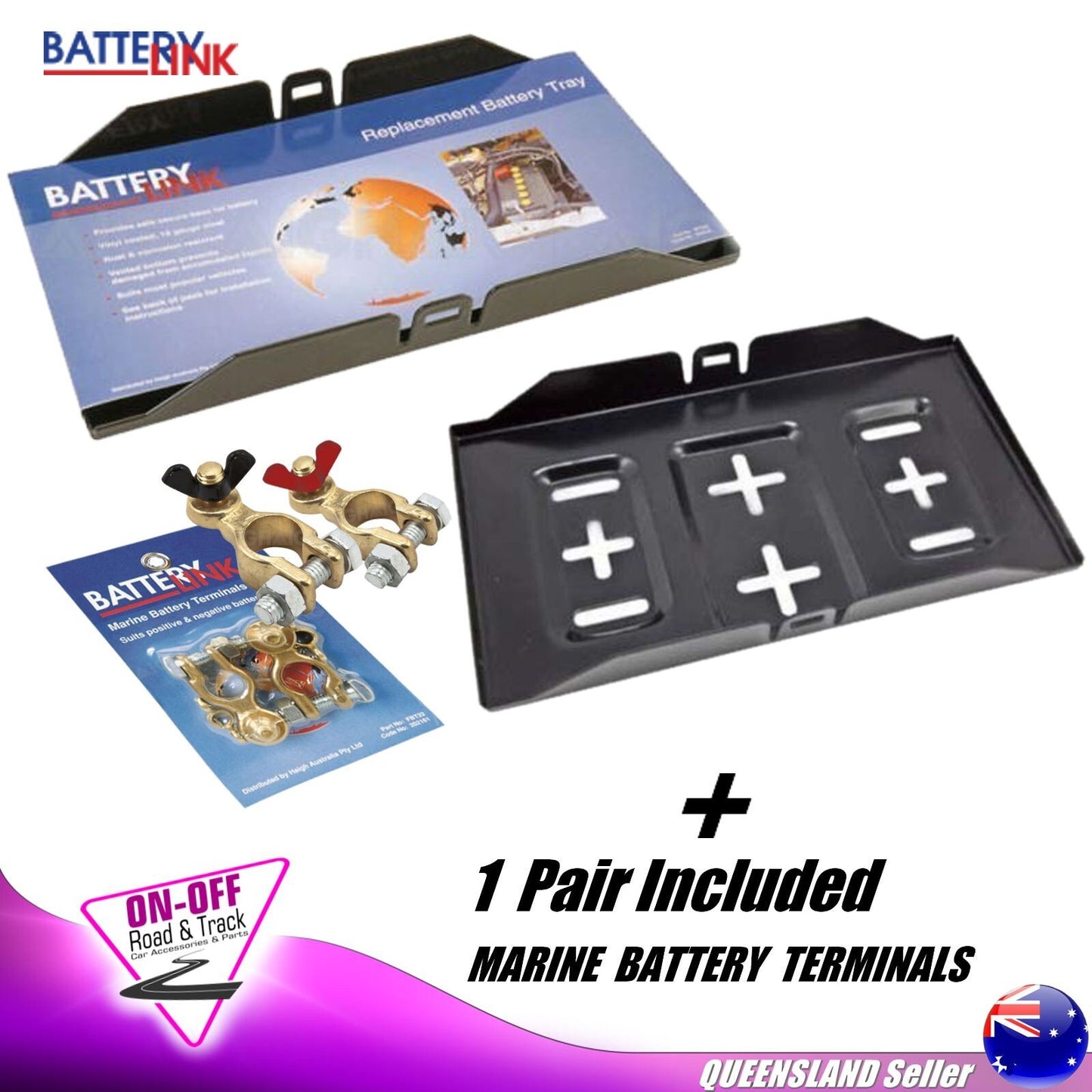 Battery Tray BT095 Metal Universal Corrosion Resistant + FBT32 Batt Terminals