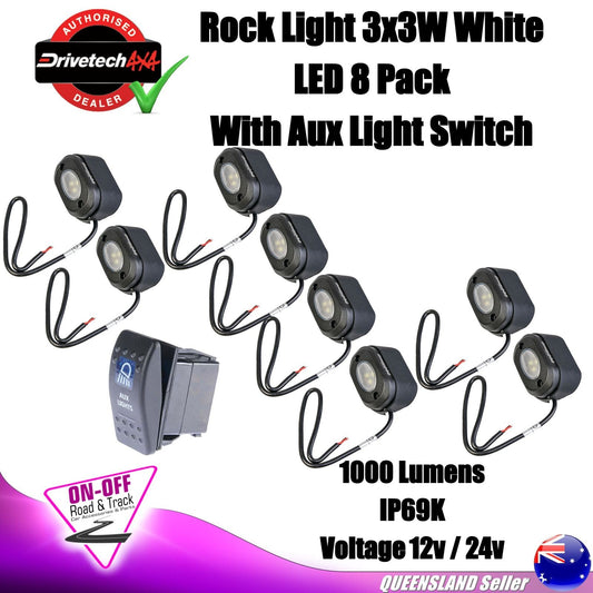 Drivetech 4x4 DTWL3OVL - 4x4 Rock Lights 3x3W White LED IP69K 8 Pack With Switch