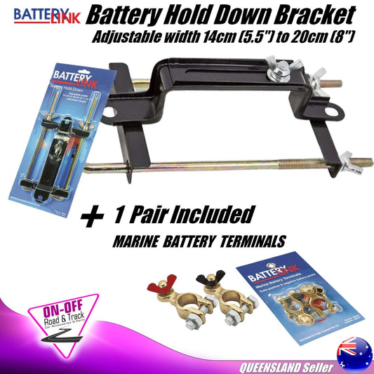 Battery Link Battery Hold Down Bracket BHS4 + FBT32 Marine Battery Terminals