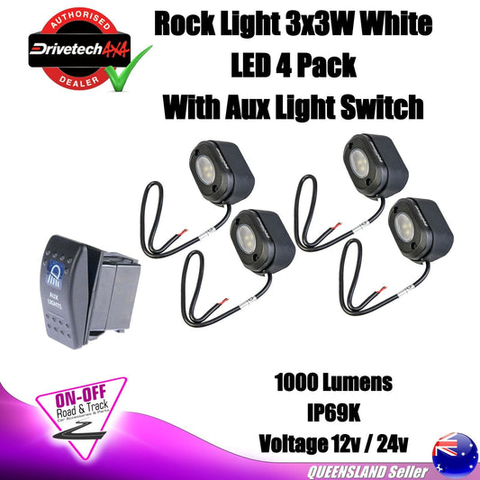Drivetech 4x4 DTWL3OVL - 4x4 Rock Lights 3x3W White LED IP69K 4 Pack With Switch