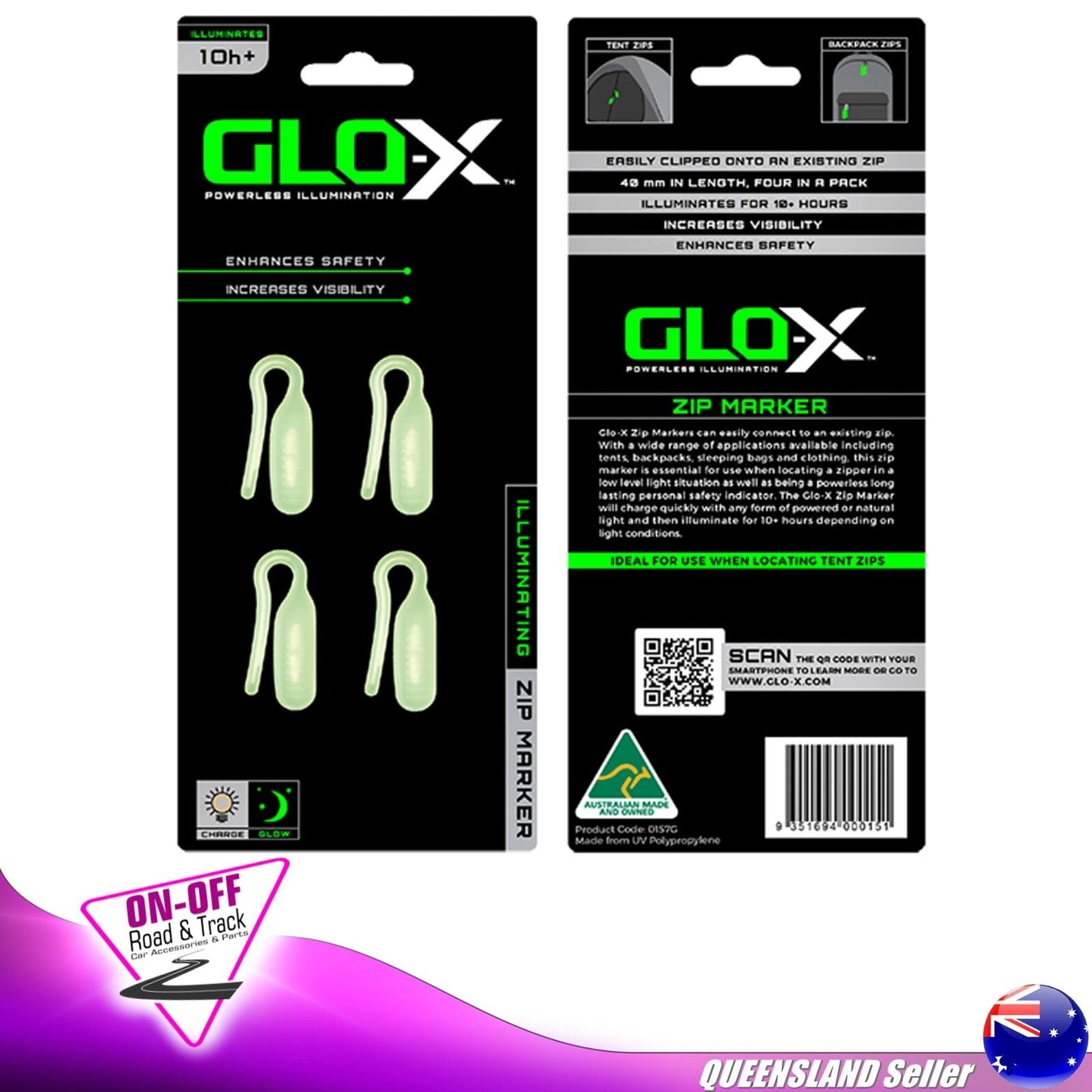 Glo-X Glow in the dark GX0157G - Zipper Markers 4 Pack Camping 4x4 Triple Pack