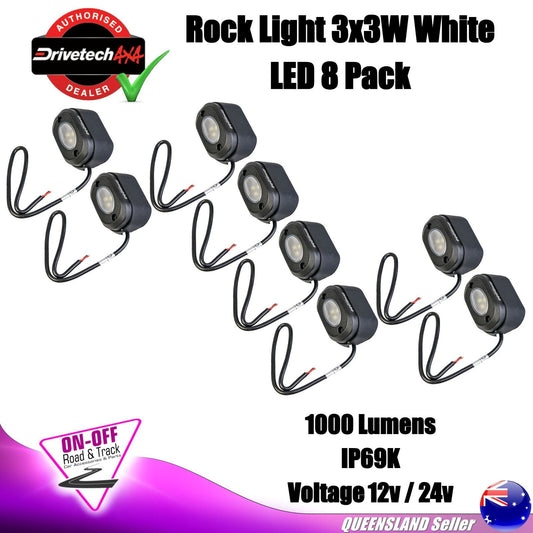 Drivetech 4x4 DTWL3OVL - 4x4 Rock Lights 3x3W White LED IP69K 8 Pack