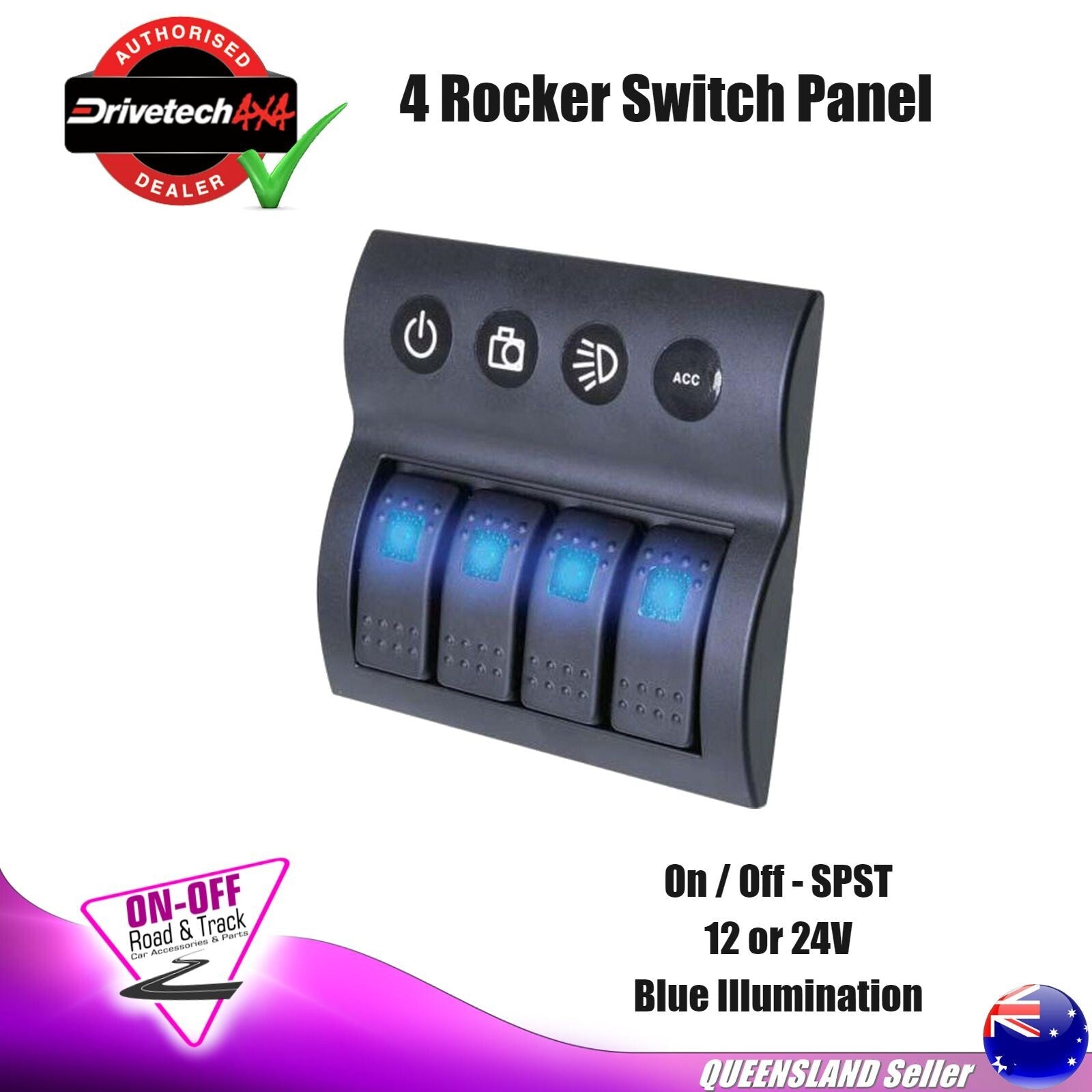 Drivetech 4x4 DT-11030 -  4 Rocker Switch Panel 12/24V Blue Illumination